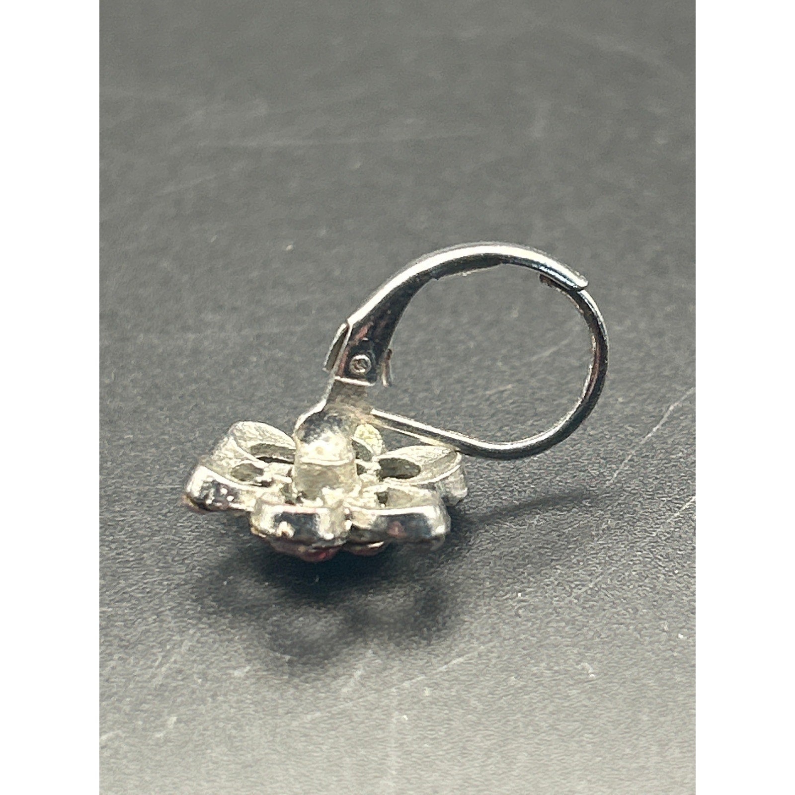 Vintage Silver Tone Pink Rhinestone Floral Dangle Drop Earrings
